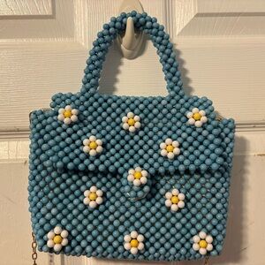Blue Beaded Handbag with Floral Design